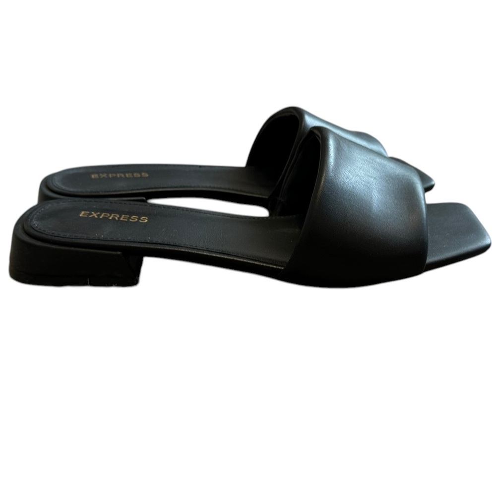 EXPRESS black 1” block heel square open toe slip on sandals size 10 w/ dust bag - Picture 3 of 6